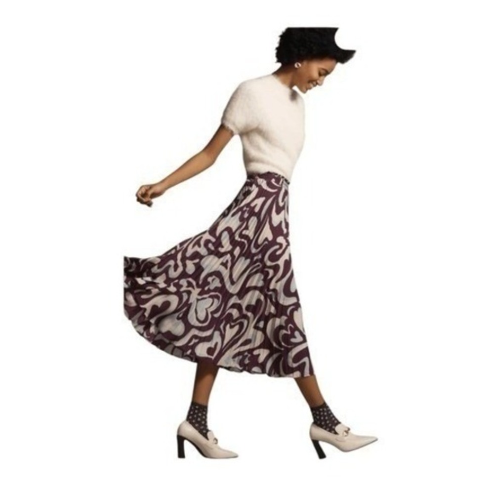Anthropologie Valerie Pleated Midi‎ Skirt Cream Deep Purple Floral XL